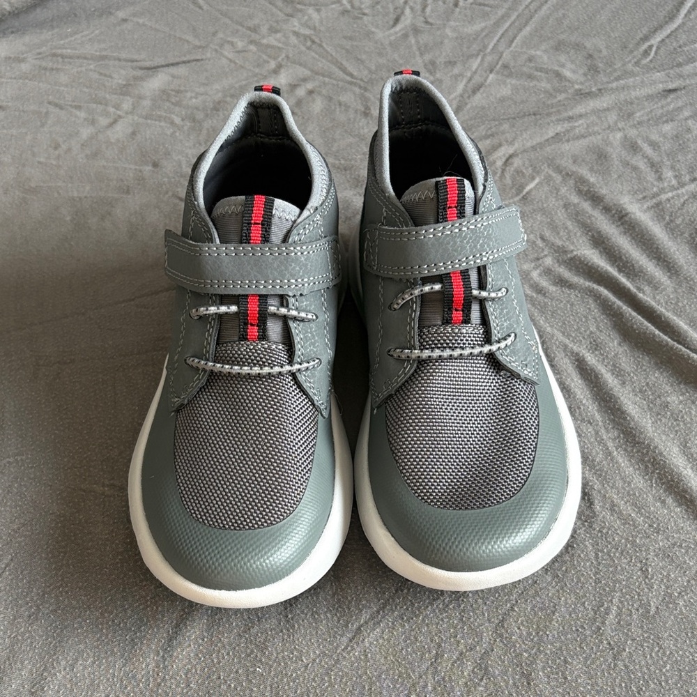 Gray Kids Shoes with Red Accents